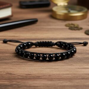 Bracelet artisanal "Ancrage" - Onyx noir 8mm – fermeture macramé