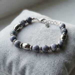Bracelet Artisanal en Jade Bleu Marbré - Pierres Naturelles 8mm - chainette argentée