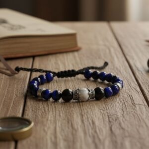 Bracelet artisanal en Oeil de Tigre Bleu, Onyx Noir et Howlite – Pierres naturelles de 8,12 et 12mm