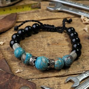 Bracelet Artisanal en Agate bleue et Onyx noir - Perles en Pierres Naturelles de 10 et 12mm