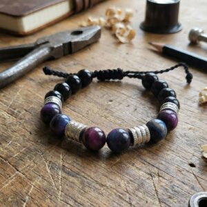 Bracelet artisanal en Onyx Noir et Œil de Tigre Galaxie - Perles en pierres naturelles de 10 mm