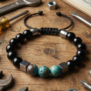 Bracelet Artisanal en Onyx Noir et Agate Bleue - Perles en Pierres Naturelles de 10mm