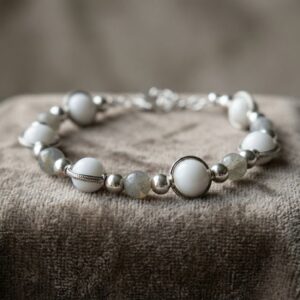 Bracelet Artisanal en Jade Blanc et Labradorite - Pierres Naturelles de 6 et 8 mm - chainette argentée