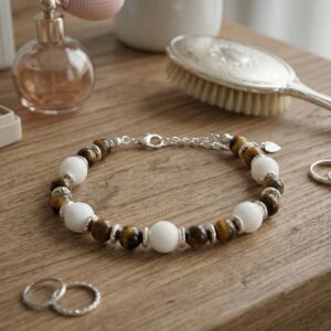 Bracelet Artisanal Jade Blanc et Œil de Tigre - Perles Naturelles 8mm & 6mm - chainette argentée