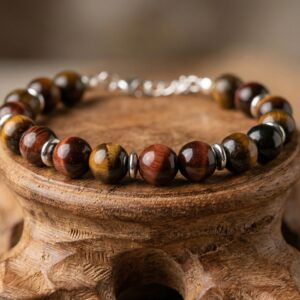 Bracelet Artisanal en Œil de Tigre Rouge - Pierres Naturelles 8mm - Chainette Argentée