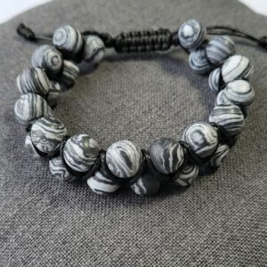 Bracelet Double en Malachite Zébrée - Perles Naturelles 10mm - Fermeture par Nœud Coulissant