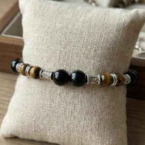 Bracelet artisanal en Onyx Noir et Œil de Tigre - Pierres naturelles de 6 et 8 mm - chainette argentée