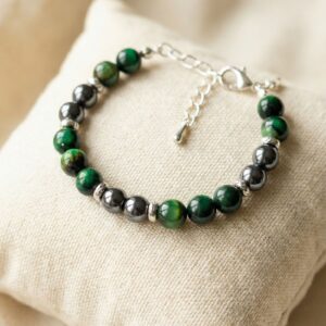 Bracelet Artisanal enŒil de Tigre Vert et Hématite - Pierres Naturelles 8mm - Chainette argentée en acier inoxydable