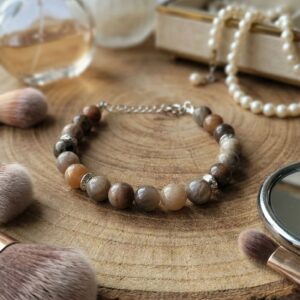 Bracelet artisanal en Agate - Pierres naturelles de 8mm - Chaînette d'extension argentée