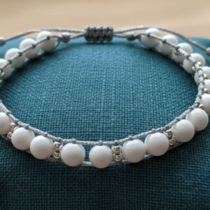 Bracelet Artisanal en Jade Blanc - Pierres Naturelles de 6mm - Cordon Tressé argenté