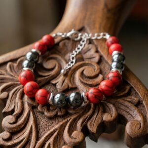 Bracelet Artisanal en Turquoise Rouge et Hématite - Pierres Naturelles de 8mm - chainette argentée