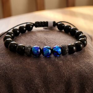 Bracelet Artisanale en Onyx Noir et Verre de Lampwork Bleu - Design Élégant et Réglable