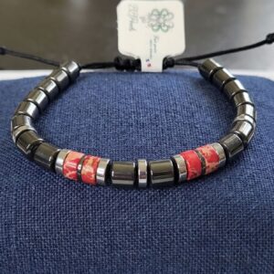 Bracelet Artisanale Homme Hematite et Jaspe Rouge - Perles Cylindriques et Cordon Ajustable