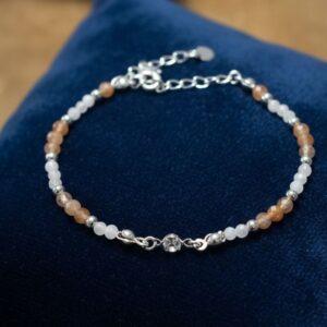 Bracelet fin Pierre de Lune et Pierre de Soleil - Perles en Pierres Naturelles de 3 mm - Finitions argentées