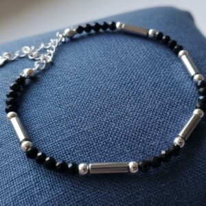 Bracelet Artisanal Tourmaline Noire et Hématite - Perles en Pierres naturelles de 3 mm - finition argentée