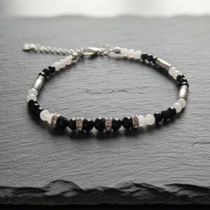 Bracelet fin en Tourmaline Noire et Jade Blanc - Perles en Pierres Naturelles de 3 et 4mm - Finition argentée