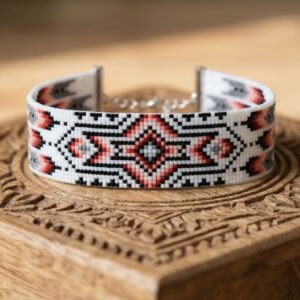Bracelet Manchette "Tribal (II)" - Tissage en perles Miyuki Rouge, Rose et Gris - Finition Argenté en acier inoxydable