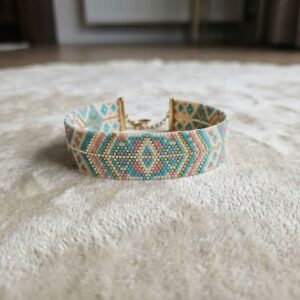 Bracelet Manchette Miyuki Tissage Artisanal Bohème Pastel - Acier inoxydable doré
