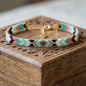 Bracelet Artisanal "Mini Tribal (II)" - Tissage perles japonaises Miyuki Delica vert, rose et noir- chainette dorée en acier inoxydable