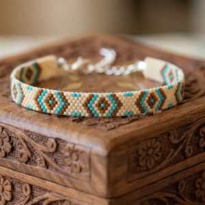 Bracelet Artisanal "Mini Totem (I) - Tissage en perles japonaises Miyuki turquoise etmMarron - chainette argentée