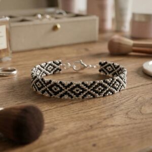 Bracelet artisanal "Mozaique" - Tissage Perles Miyuki Noir et Argent - chainette argentée en acier inoxydable