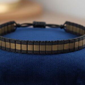 Bracelet Artisanal "Force Bronze" - Tissage perles japonaises Miyuki Tila bronze et noir mat - fermeture macramé