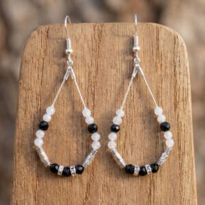 Boucles d'oreilles pendantes Tourmaline Noire et Jade Blanc - Artisanat Français