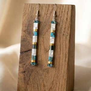 Boucles d'oreilles Pendantes Miyuki Tila Bleu Turquoise et Blanc Nacre - Artisanat Français - Finitions argentées