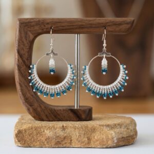 Boucles d'oreilles Créoles Artisanales - Tissage Miyuki - Bleu Océan et Argent - Crochets en argent S925