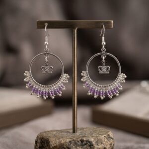 Boucles d'Oreilles Anneaux Créoles en Perles Miyuki et Charm Couronne Argenté - Finitions argentées