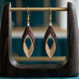 Boucles d'oreilles pendantes Feuille Russe Brun et Champagne - Perles Miyuki et Acier Inoxydable Doré