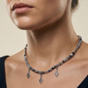 Collier en Agate Craquelée Grise et Pampilles Losanges - Bijou Artisanal Unique - Finitions argentées