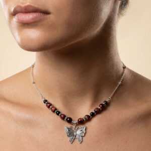 Collier Artisanat en Oeil de Tigre et Onyx Noir - Pendentif Papillon - Finitions argentées