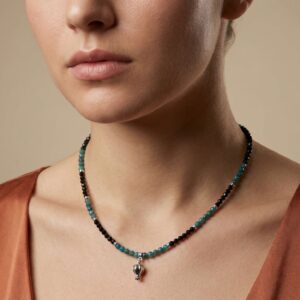 Collier en Apatite et Tourmaline Noire - Pendentif Montgolfière Argenté - Chainette en acier inoxydable