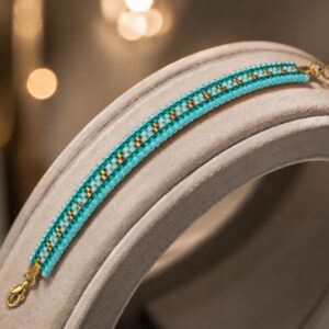 Bracelet Manchette Turquoise et Or en Perles Miyuki Delica - Artisanat Fait Main