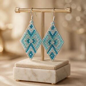 Boucles d'Oreilles Losange en Perles Miyuki - Éclat Bleu Turquoise et Argent
